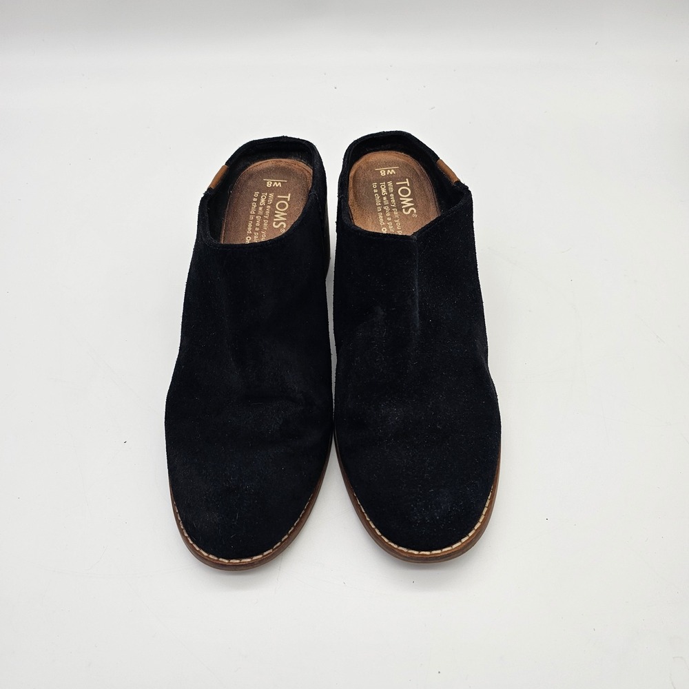 TOMS Suede Mules Womens 8 Black Stacked Heel Slip On Boho Minimalist Shoes